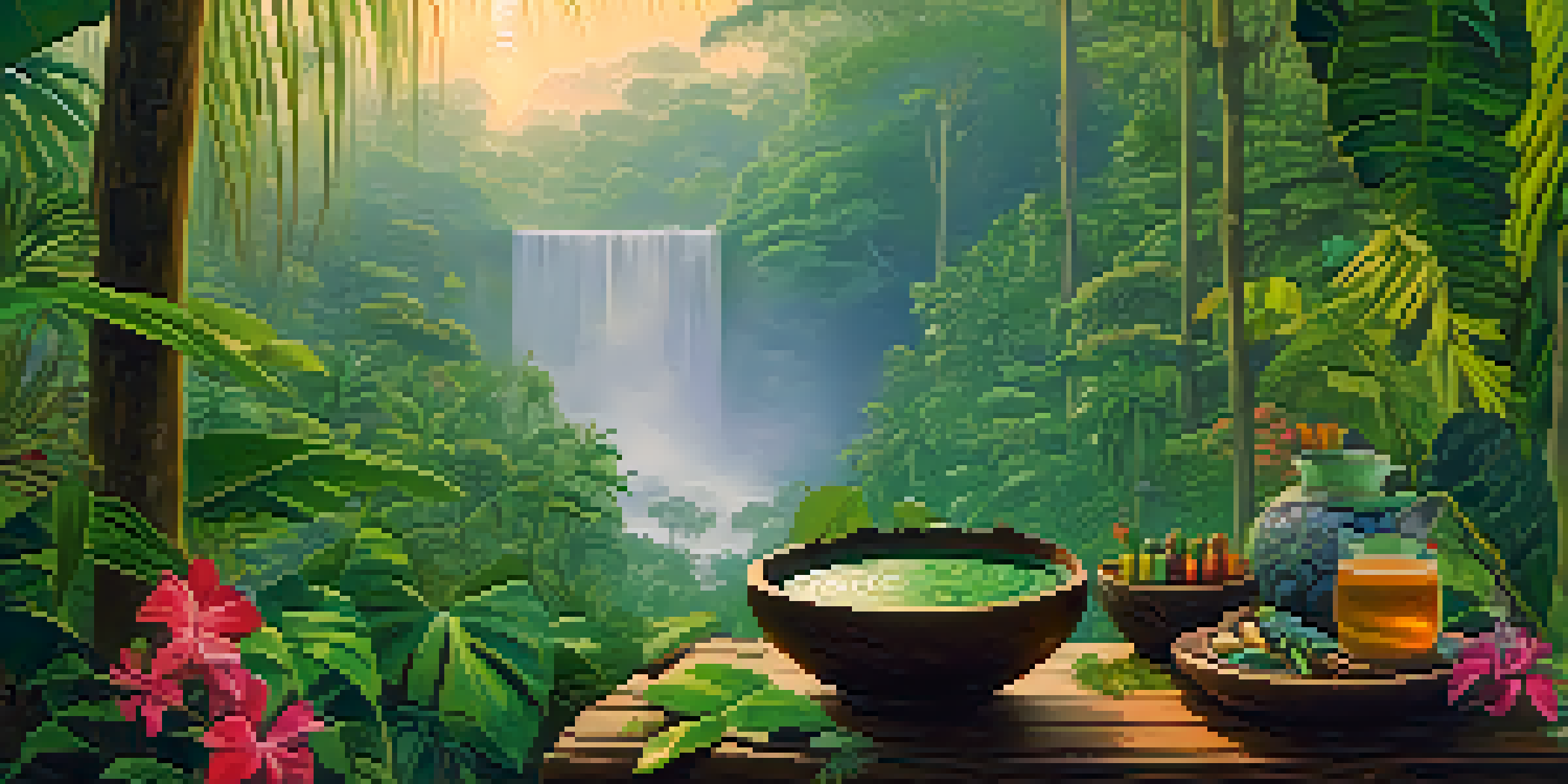 A peaceful Amazon rainforest at dawn with a wooden bowl of Ayahuasca brew surrounded by tropical flowers, and mist rising from the ground.