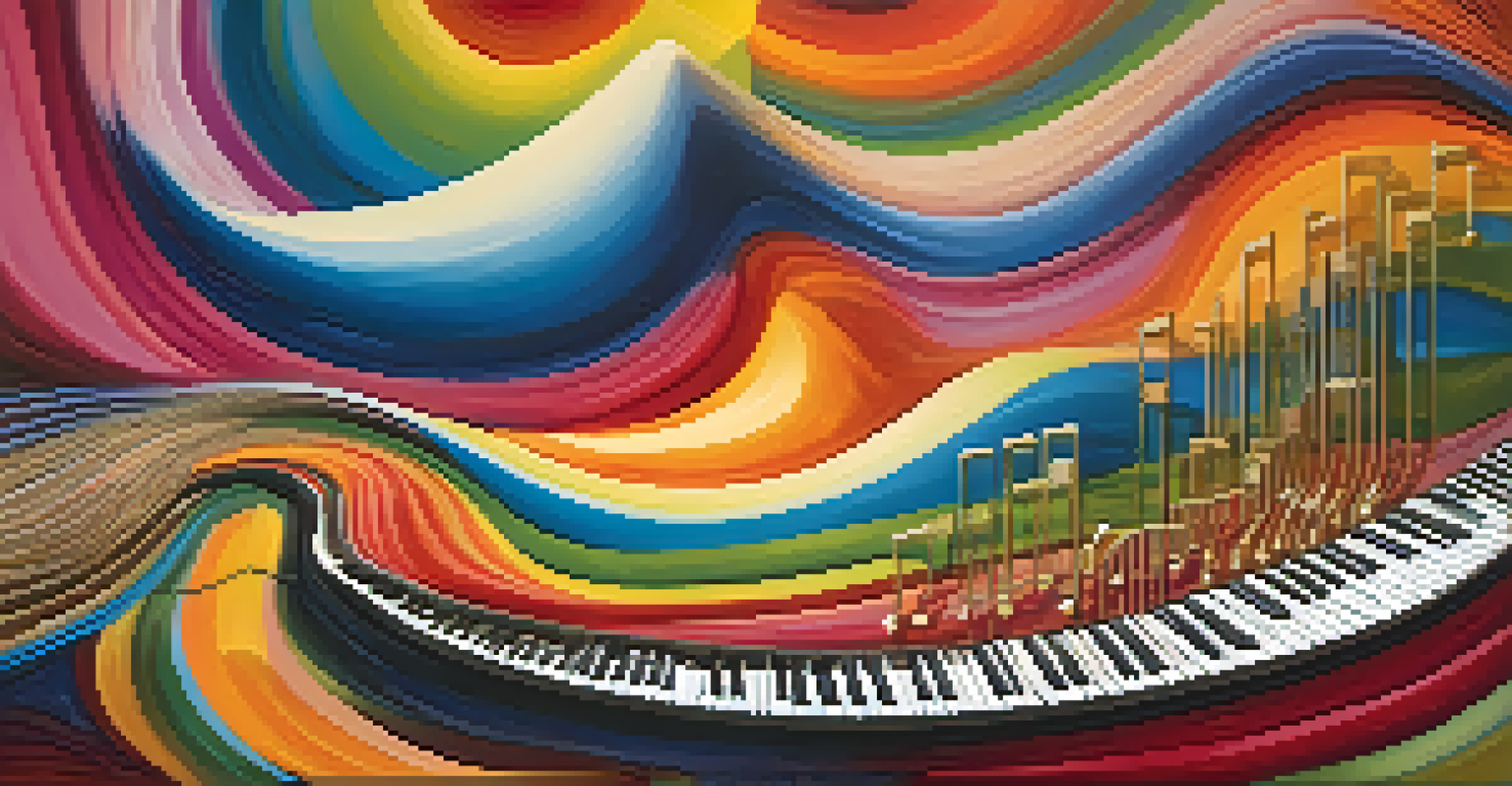 An abstract image of swirling colors and shapes representing sound waves and musical notes in a dreamlike landscape.