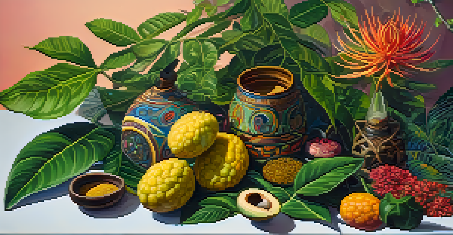 A colorful display of ayahuasca ingredients including the Banisteriopsis caapi vine surrounded by exotic plants in a sunlit jungle.