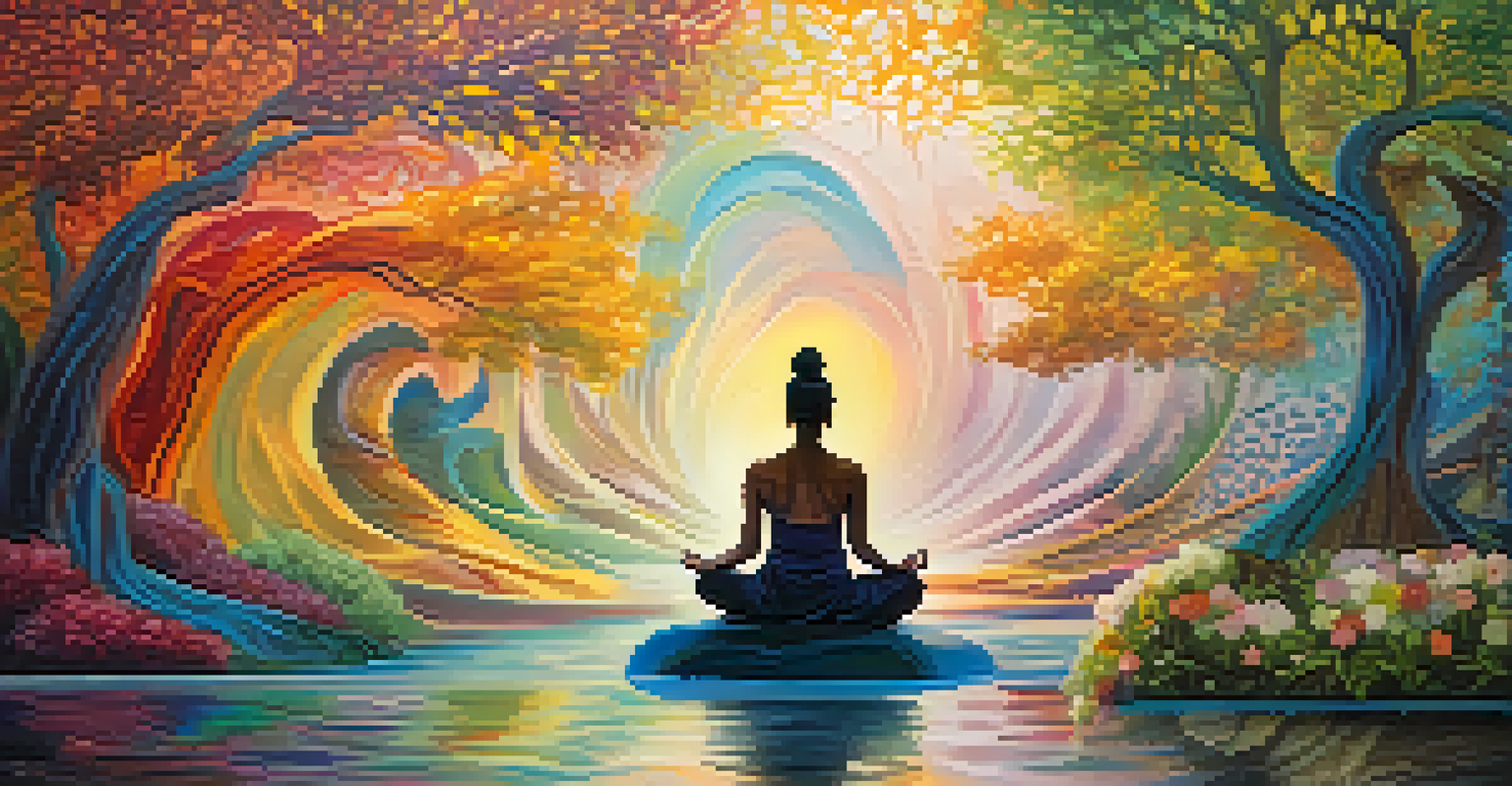 A person meditating in a colorful, abstract setting that represents thoughts and emotions with a nature-inspired background.