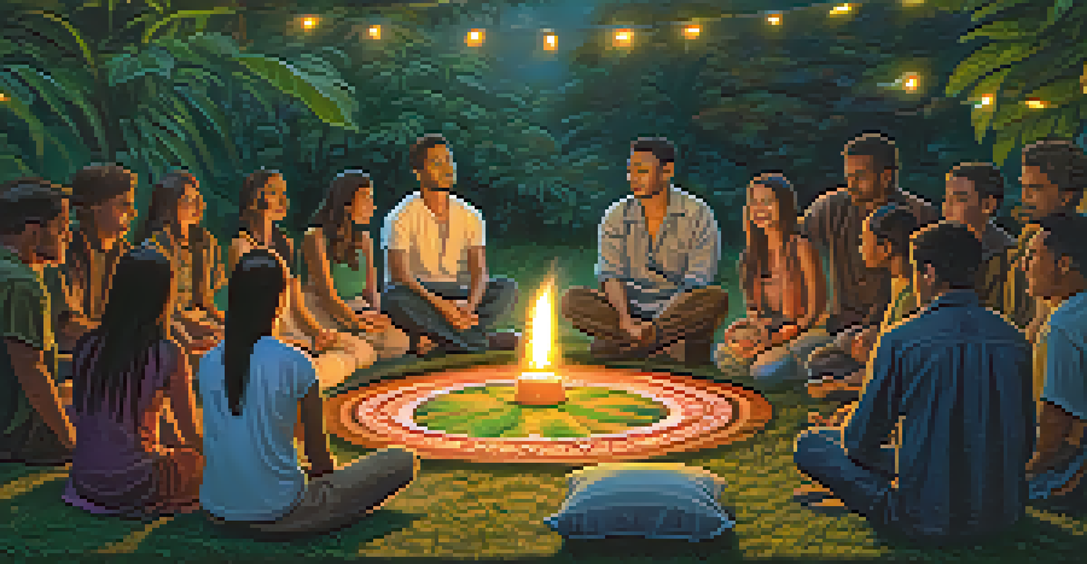 A group of people sitting in a circle on the grass during an Ayahuasca ceremony, surrounded by nature and soft lighting.