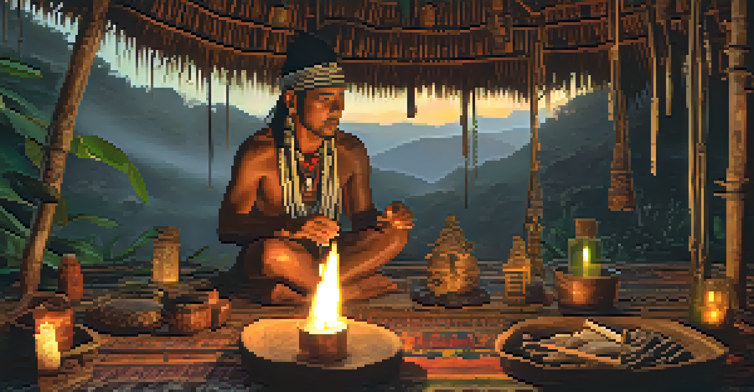 A traditional shaman performs a ritual in a dimly lit hut, surrounded by ancestral artifacts and illuminated by candlelight.