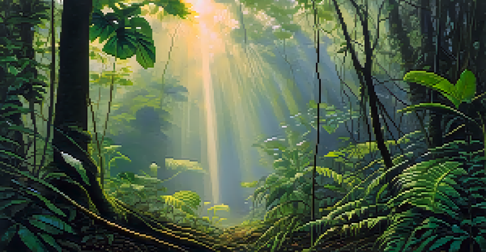 A peaceful Amazon rainforest at dawn with mist, featuring entwined vines and green leaves, illuminated by soft sunlight.