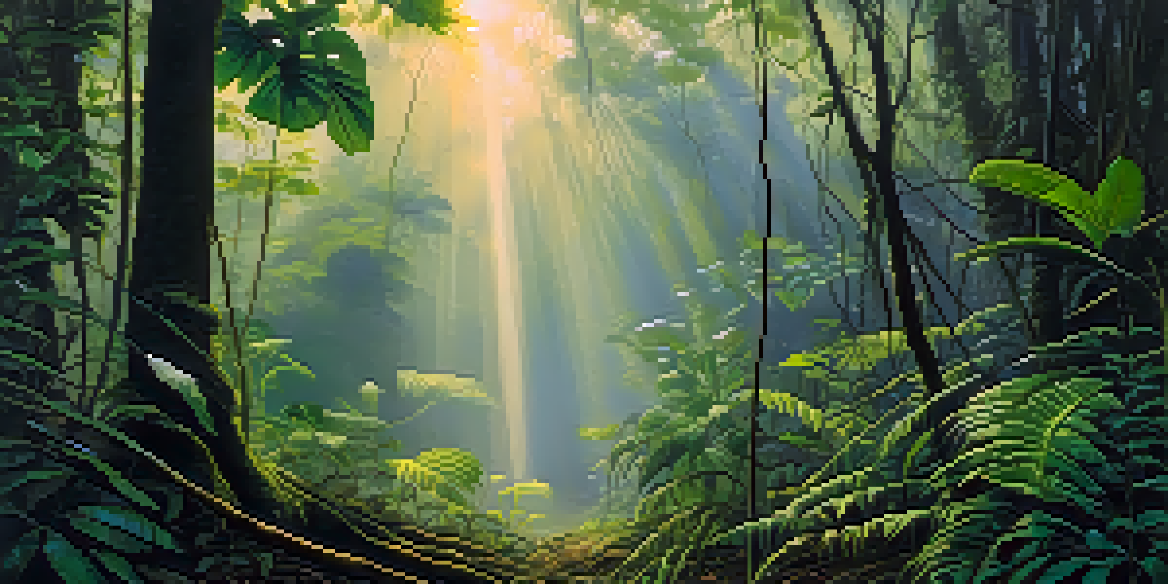 A peaceful Amazon rainforest at dawn with mist, featuring entwined vines and green leaves, illuminated by soft sunlight.