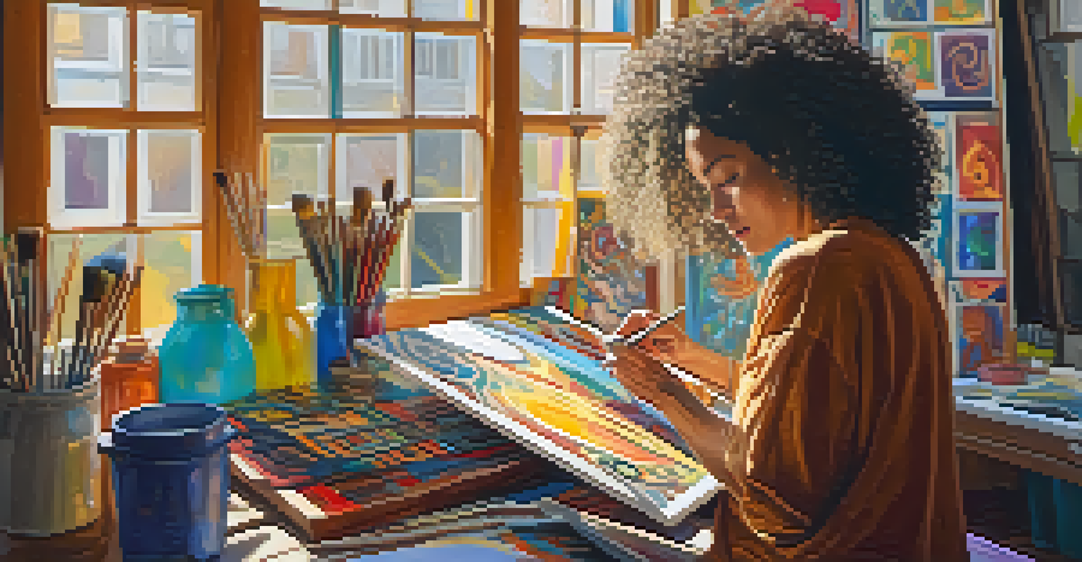 An artist in a studio, painting abstract patterns with vibrant colors, inspired by her Ayahuasca experience, illuminated by sunlight.