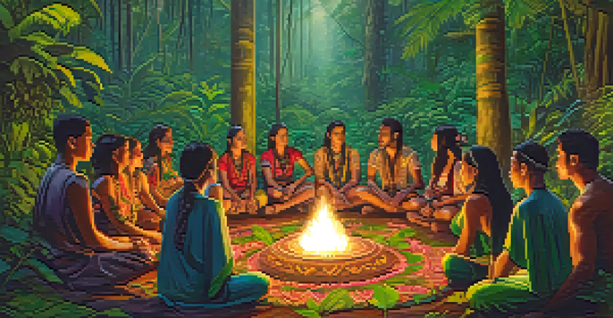 A group of participants in traditional attire sits in a circle around a small fire in a lush Amazon rainforest during an ayahuasca ceremony, surrounded by vibrant foliage and flowers.