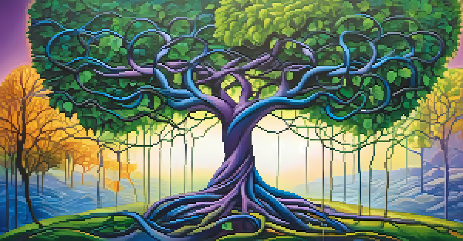 An abstract image symbolizing oneness, with intertwined roots and vibrant colors representing connection to nature.