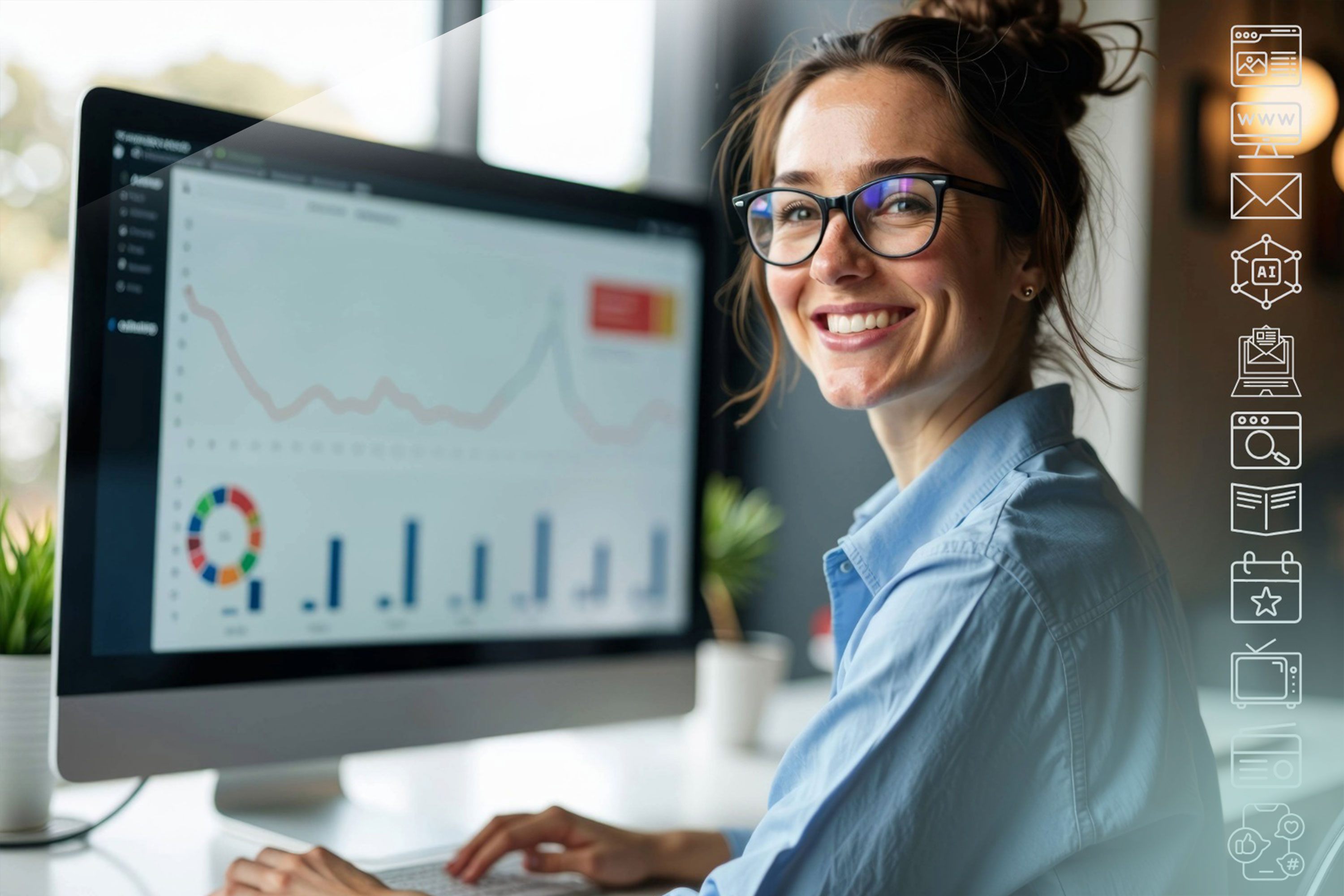 Marketingexpertin analysiert digitale Marketingmaßnahmen wie SEO, GEO und Online-Marketing anhand von Performance-Daten