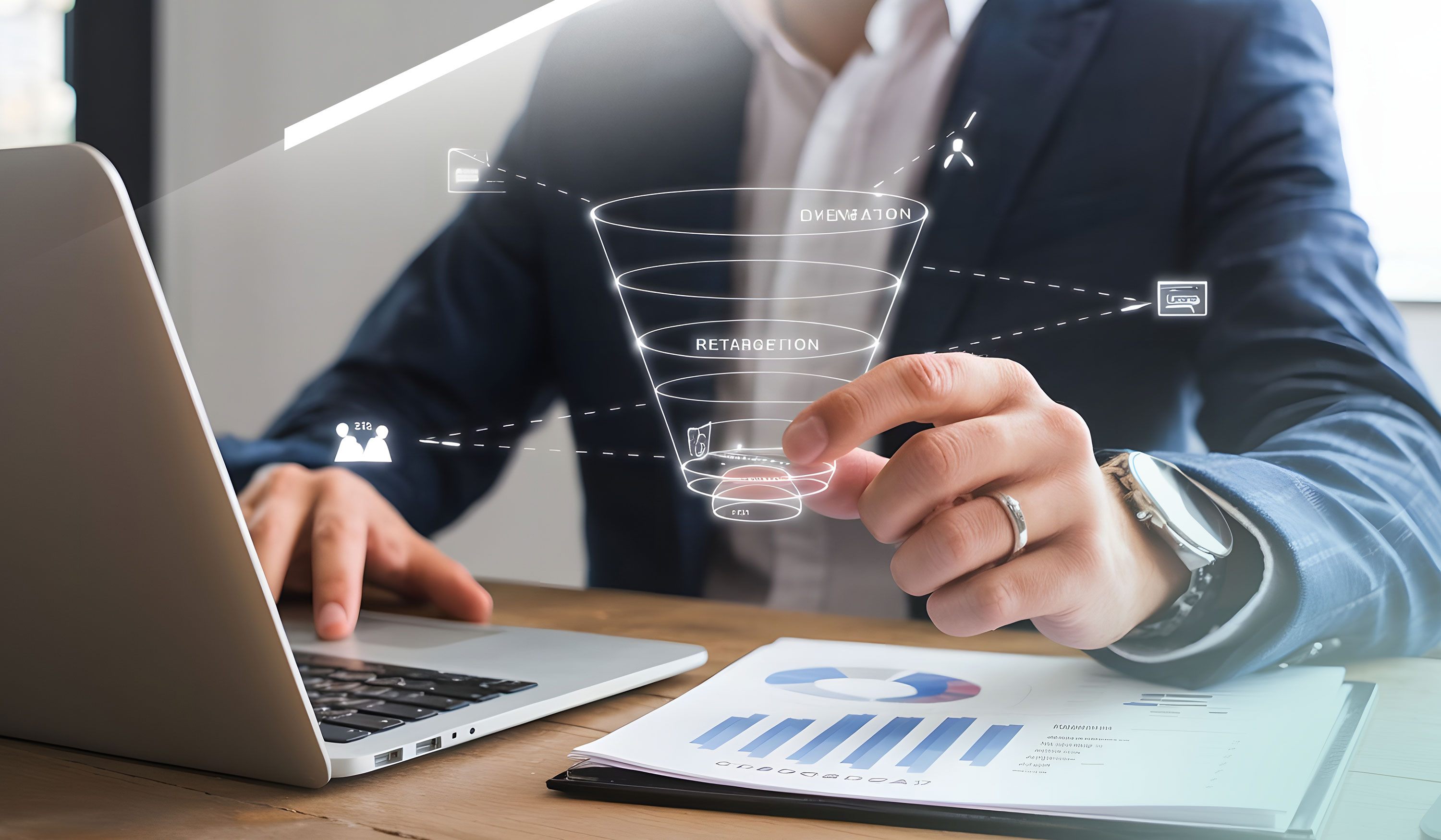 Business-Profi analysiert digitalen Sales Funnel und Strategien zur Kundenakquise