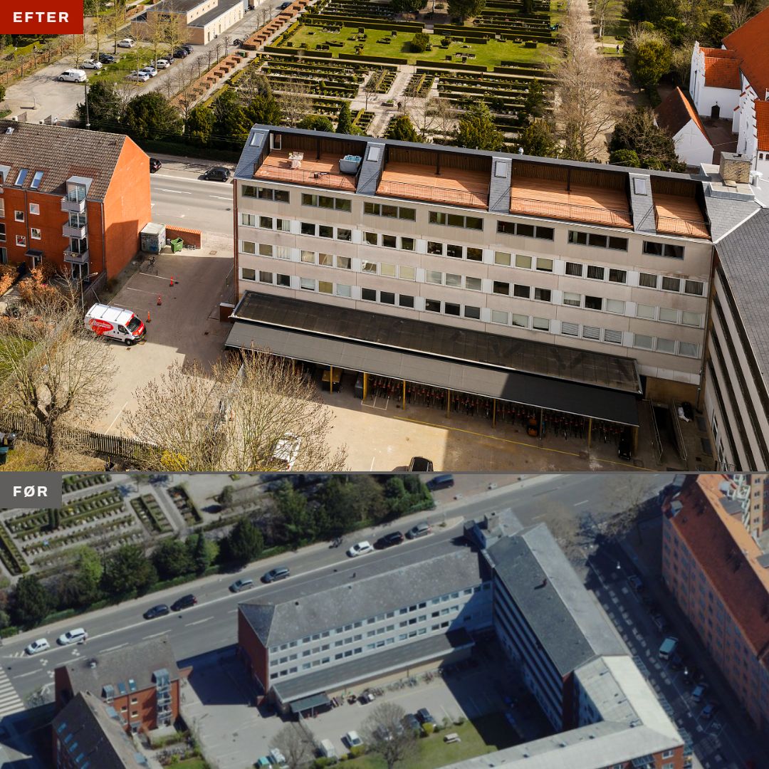 Før og efter billede af etageejendommen med nye tagterrasser