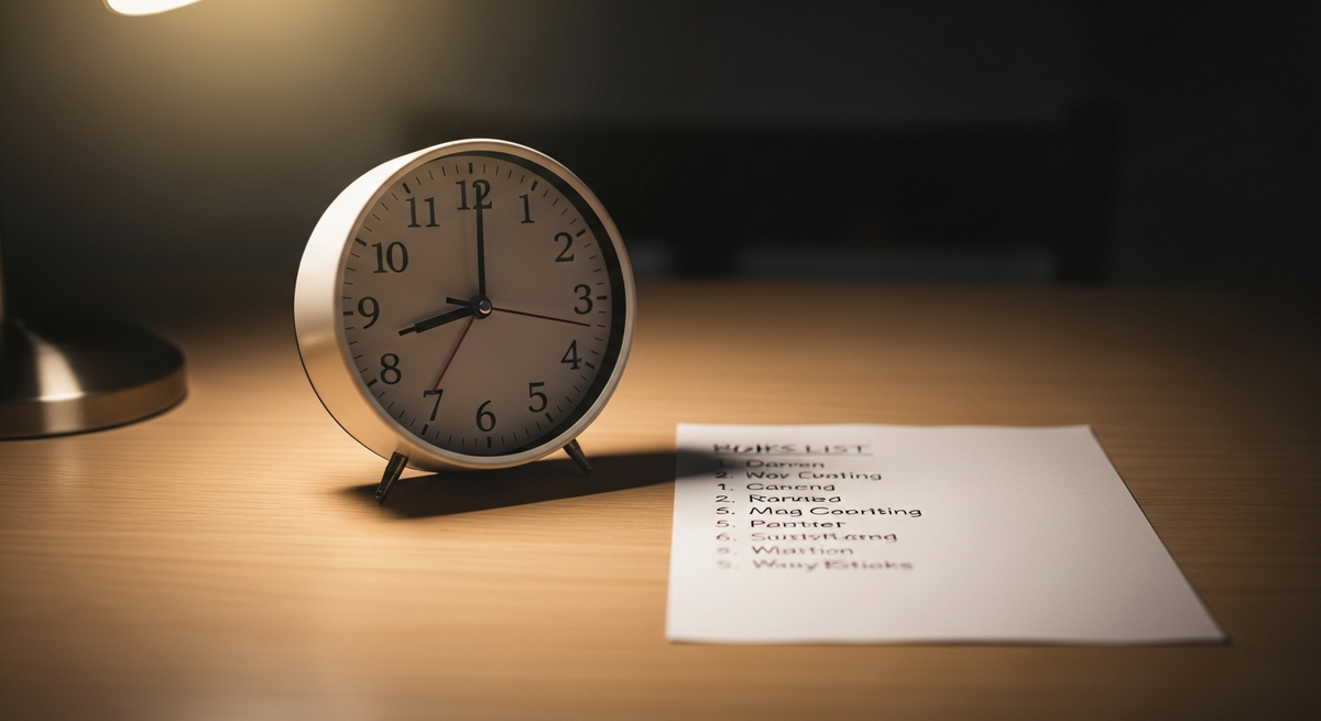A simple planner open on a desk beside a cup of tea, with a single pen and natural light