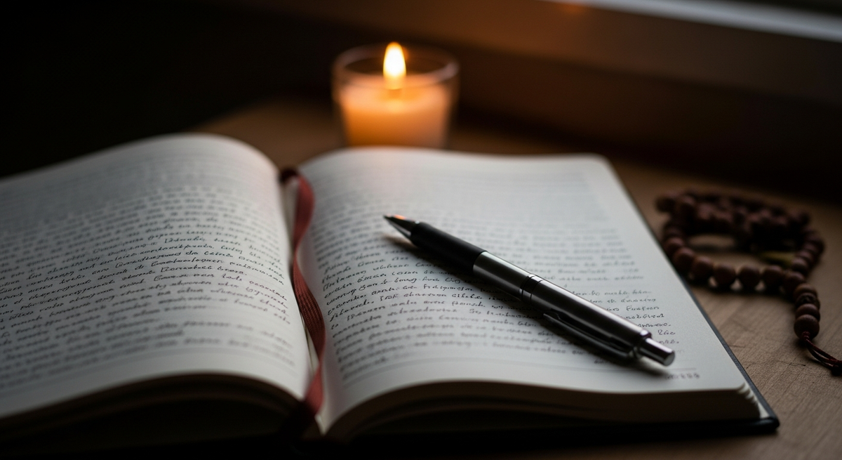 An open handwritten journal beside a candle and beads, representing the practice of keeping a spiritual diary