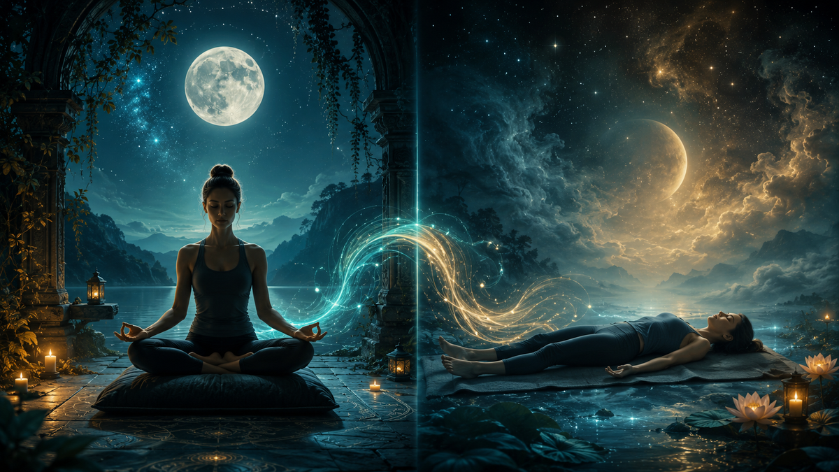 A seated meditating figure and a resting figure in savasana — comparing Yoga Nidra and meditation