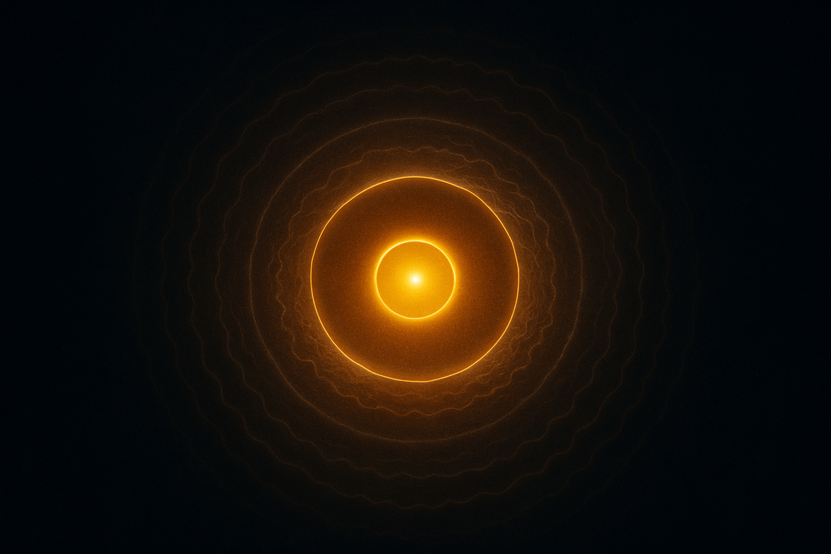 Four concentric rings of gold and white light radiating from a central point of silence, representing the four stages of sound: Para, Pashyanti, Madhyama, Vaikhari