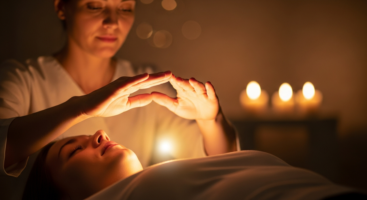 A calm Reiki session with a clothed recipient resting while a practitioner holds their hands gently above the body