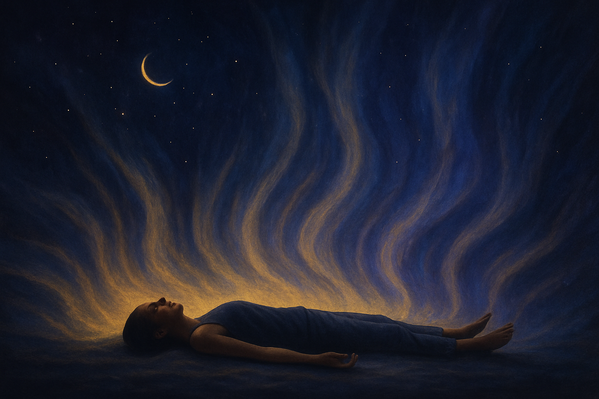 A person lying in Savasana surrounded by luminous golden and indigo-blue light like the aurora borealis, representing the deep rest of Yoga Nidra