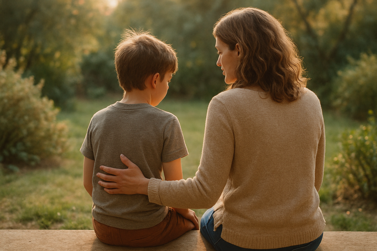 A child sitting quietly with a trusted adult, looking calm and heard