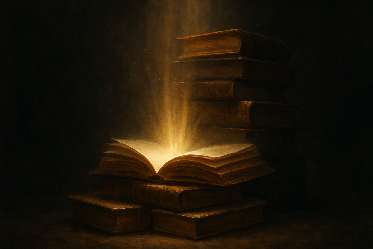 A stack of ancient and modern nonduality books with golden light streaming from their pages