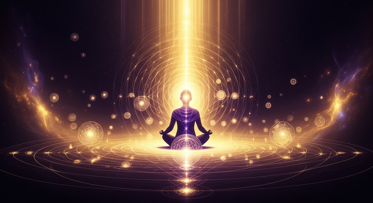 A meditator surrounded by soft radiant light in a dark space, suggesting inner illumination during deep practice
