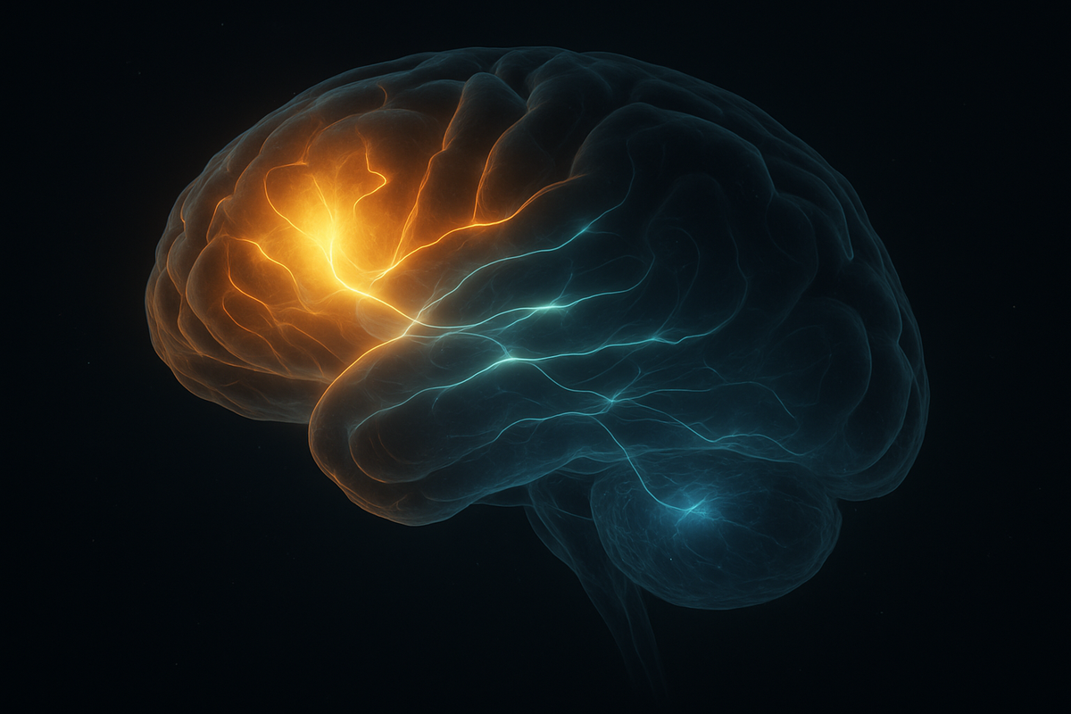 Meditation benefits for the brain — scientific visualization of neural changes including reduced DMN activity and stronger prefrontal-amygdala regulation