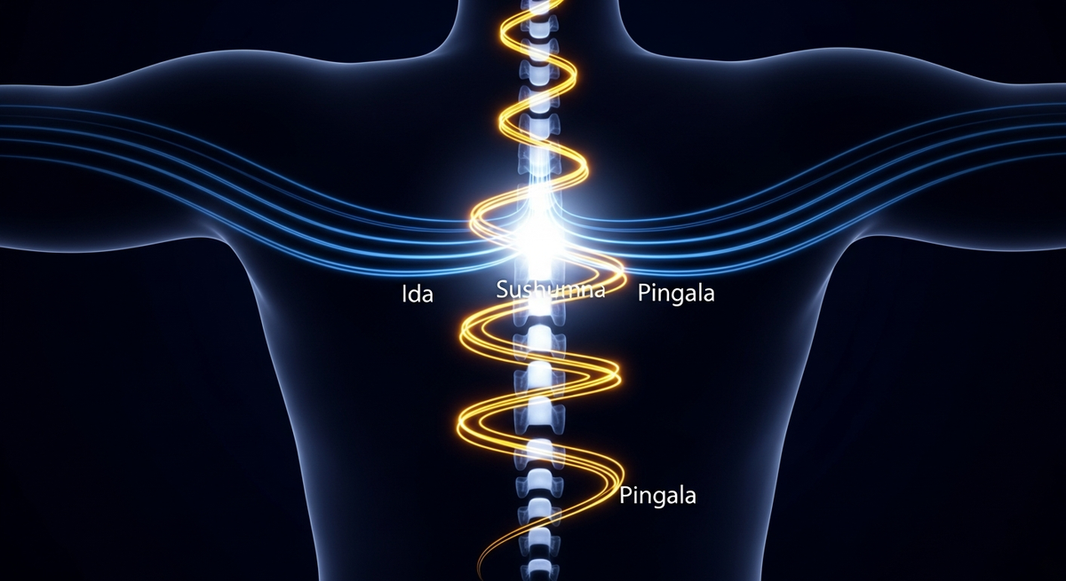 Nadi system: Ida, Pingala and Sushumna pranic channels