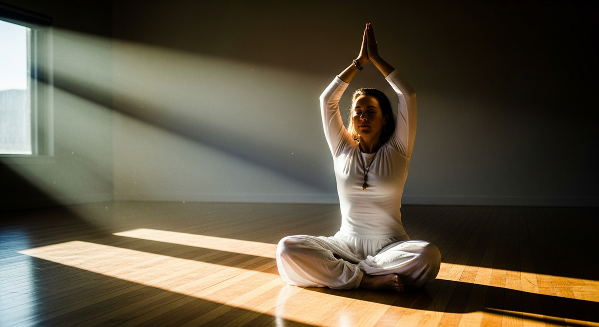 A practitioner in white clothing seated in meditation during a Kundalini yoga class