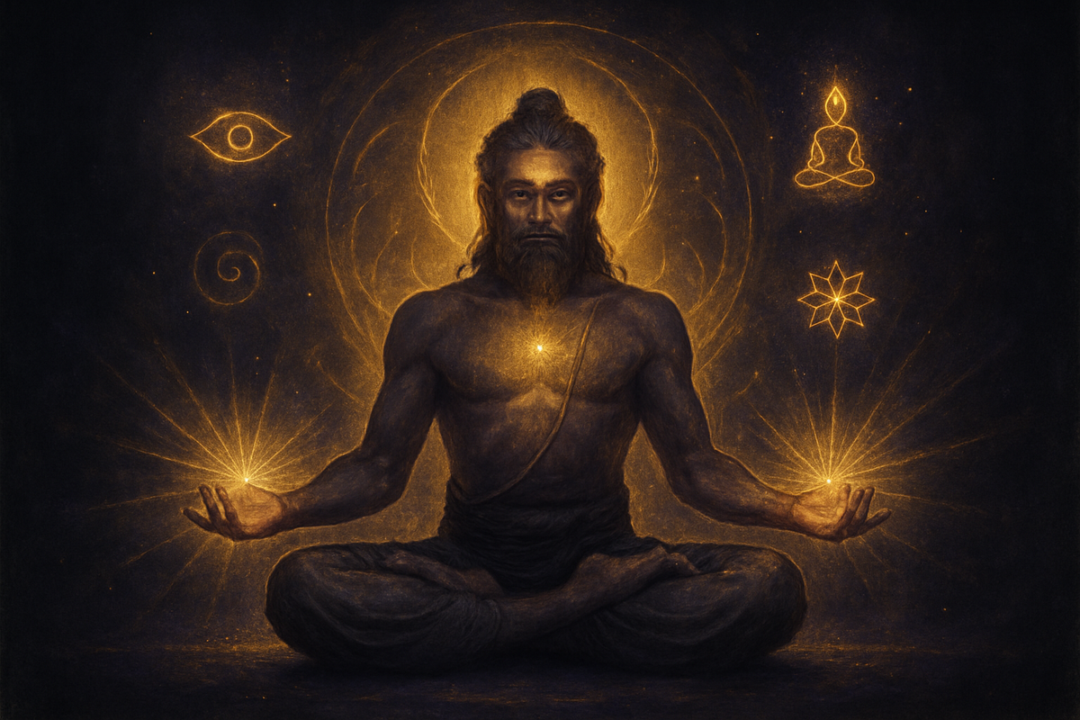 A powerful yogi in lotus pose with a third eye glow and ethereal golden aura, representing the yogic powers known as siddhis