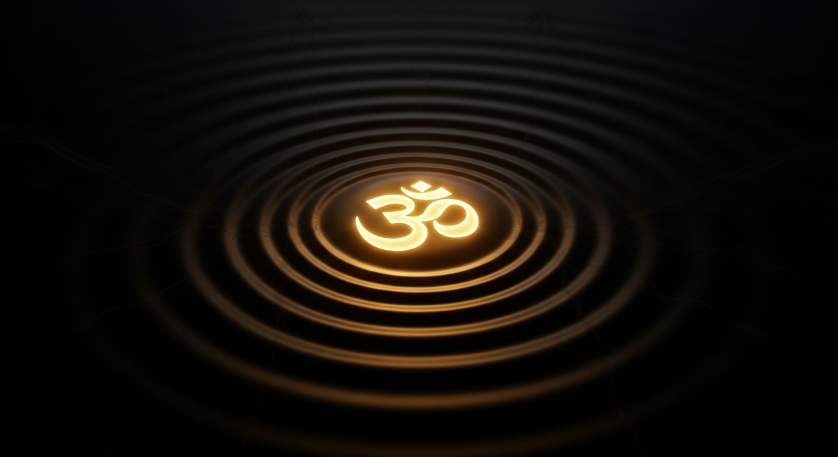 The OM symbol in gold light against a dark meditative background