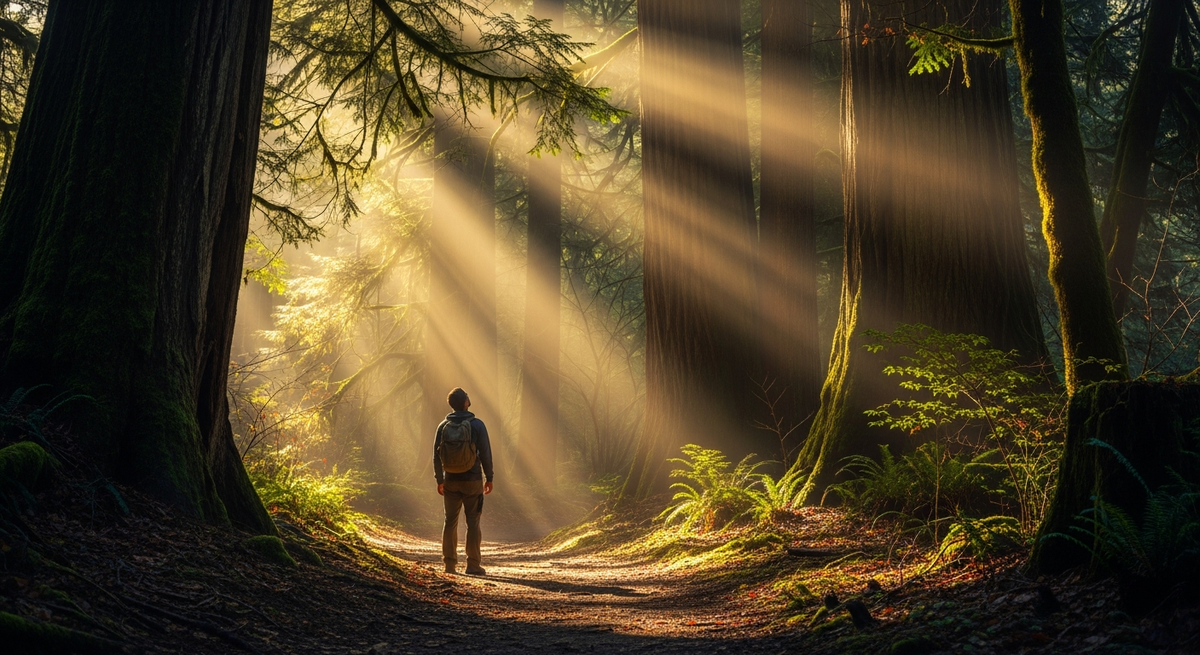 A person walking alone on a forest trail surrounded by trees with soft dappled light