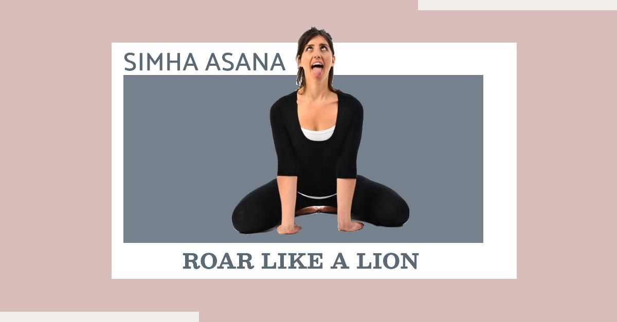 Simhasana Lion Pose with open mouth, extended tongue, and seated posture