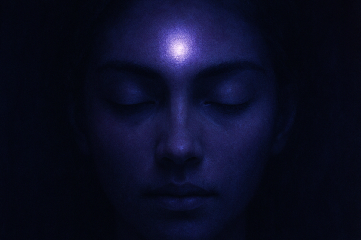 Ajna third eye chakra symbol with indigo lotus and OM mantra