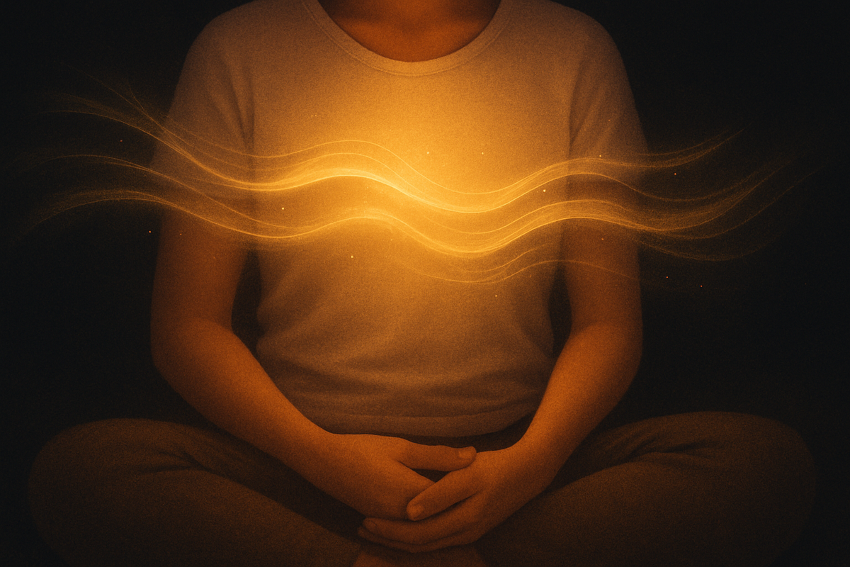 Una persona respirando serenamente con luz dorada irradiando hacia afuera con cada respiración, visualizando la respiración consciente para el alivio de la ansiedad
