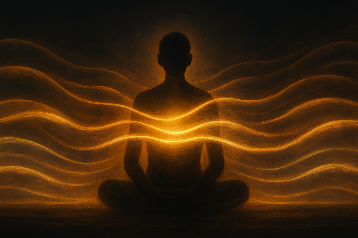 A seated figure follows the natural rhythm of breathing, one of the simplest mindfulness anchors.