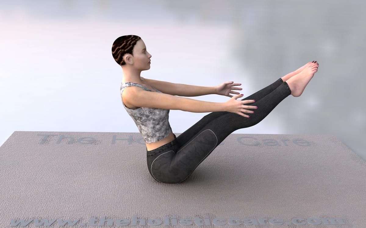 Supine Naukasana Boat Pose with arms and legs lifted from the floor