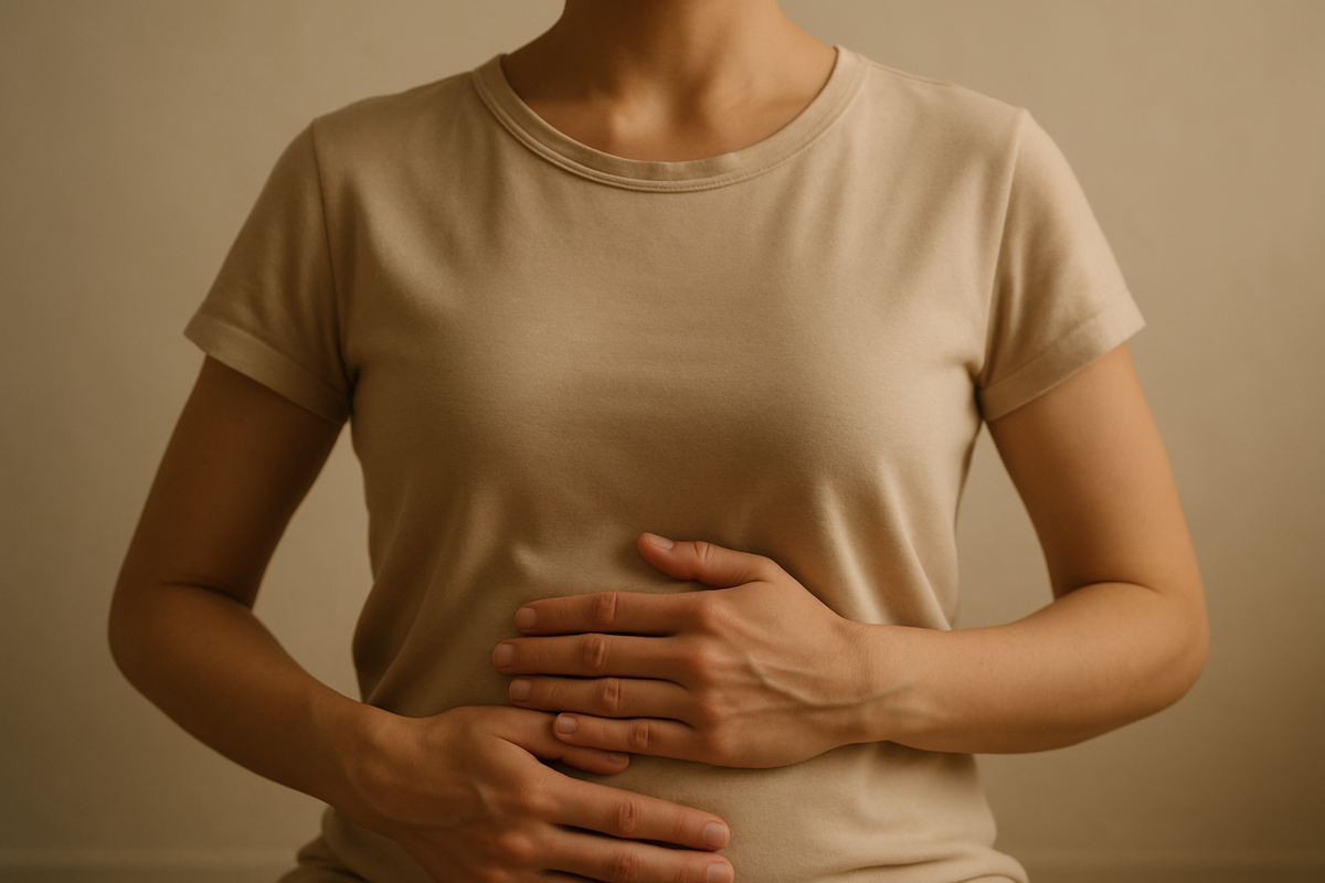 A person breathing consciously with hands on chest and belly