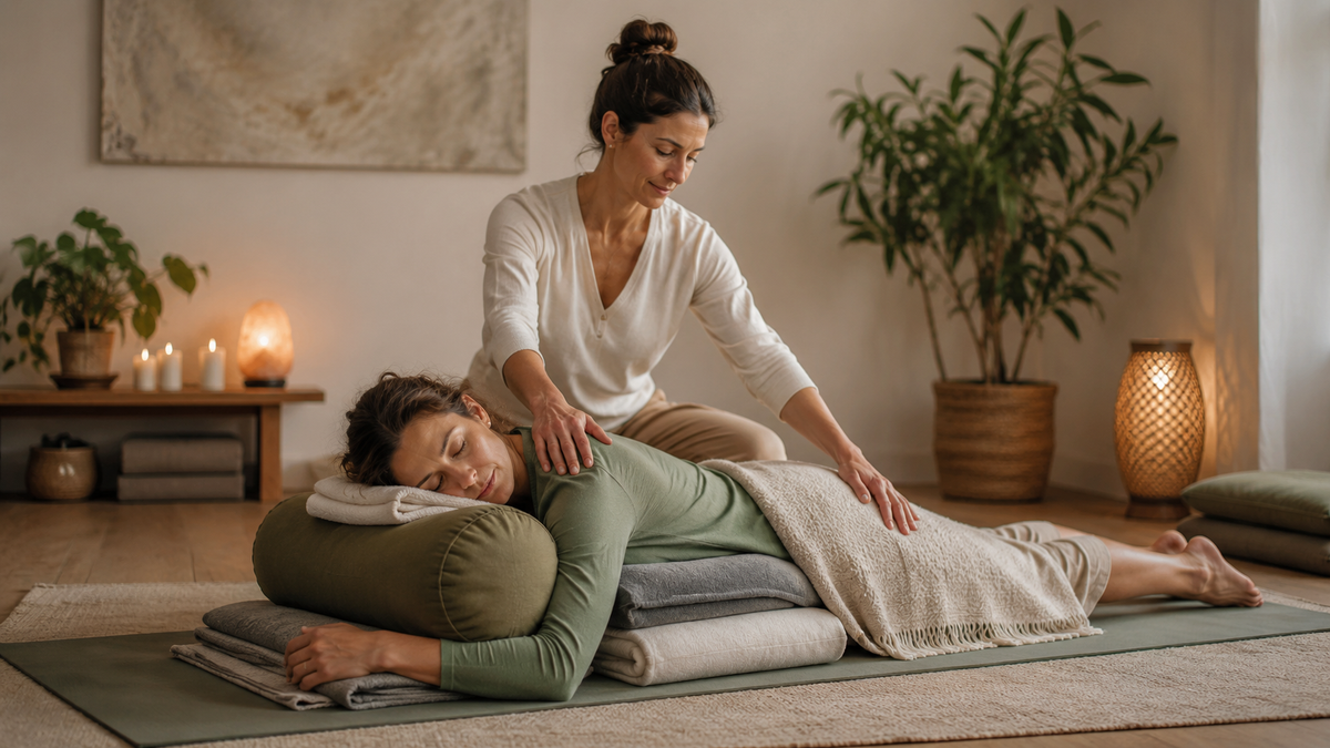 A yoga therapist working compassionately one-to-one with a client in a calm therapeutic setting