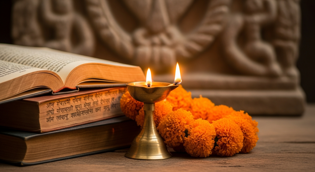 A quiet meditation room with a lamp, representing the presence and stillness of the great yogic teachers