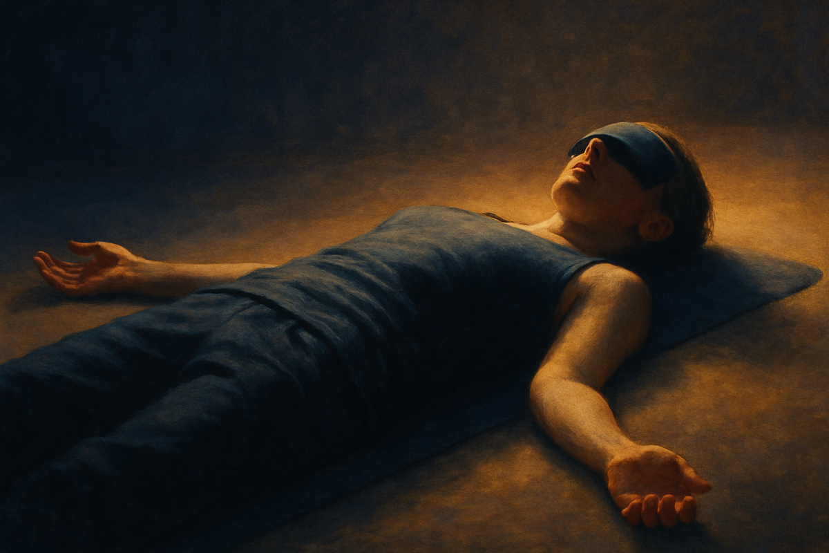 A person lying in savasana with eyes closed, soft golden light illuminating their restful face — the beginning of Yoga Nidra practice