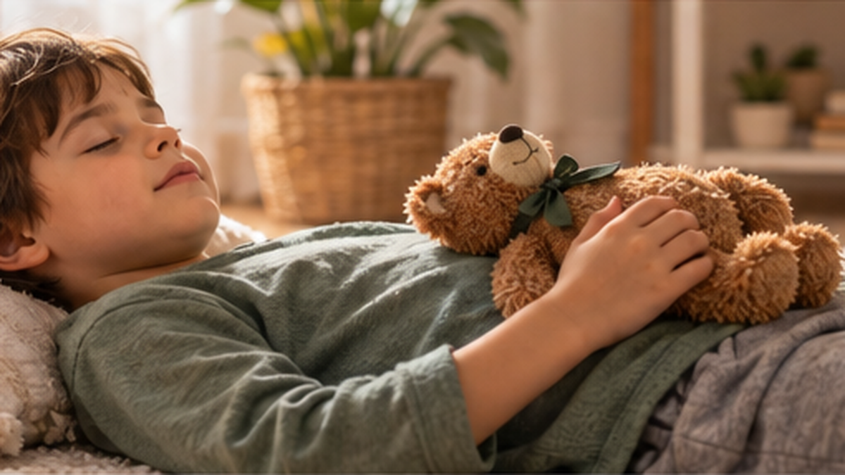 Child practising belly breathing with a soft toy