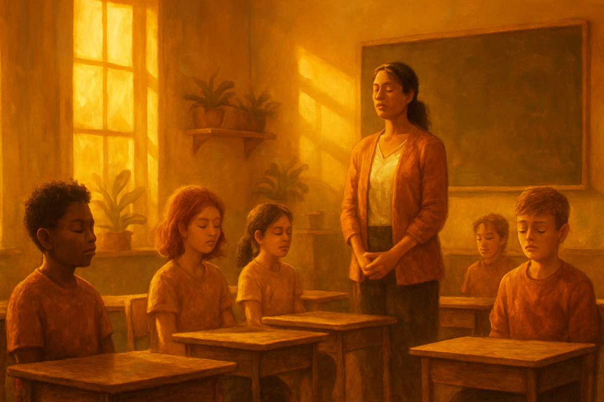 Children practising mindfulness in a school classroom