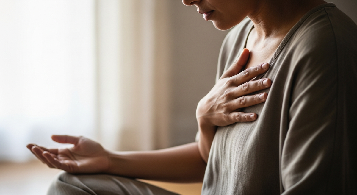 Person seated in meditation with hands resting on knees, focus on breath