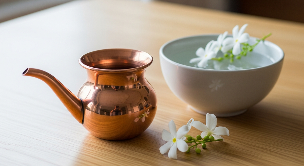 A neti pot alongside traditional Hatha yoga equipment for cleansing practices
