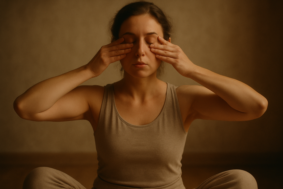 A woman practising bhramari pranayama with eyes closed and hands in shanmukhi mudra