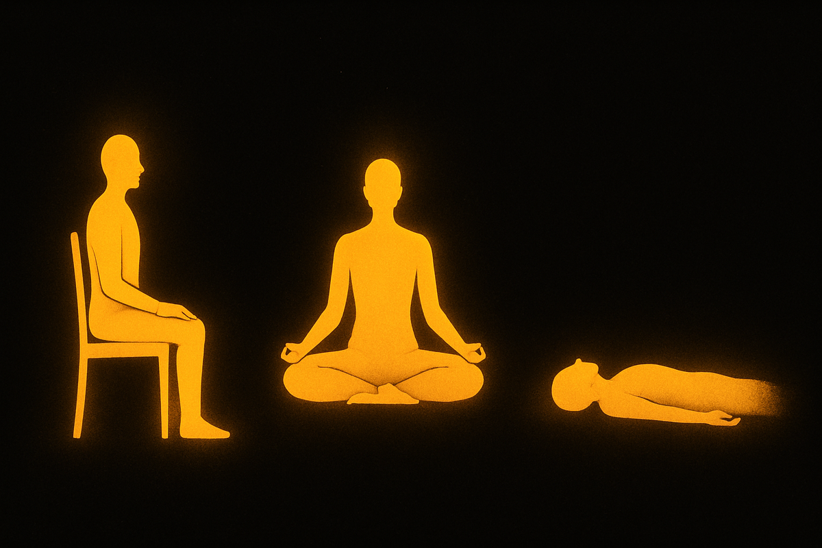 Diferentes posturas de meditación para principiantes: sentado en silla, piernas cruzadas, acostado