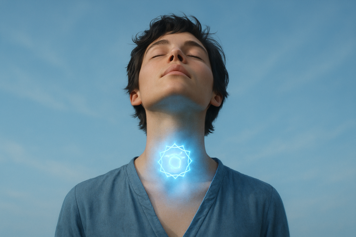 Vishuddha throat chakra symbol with blue lotus and HAM mantra