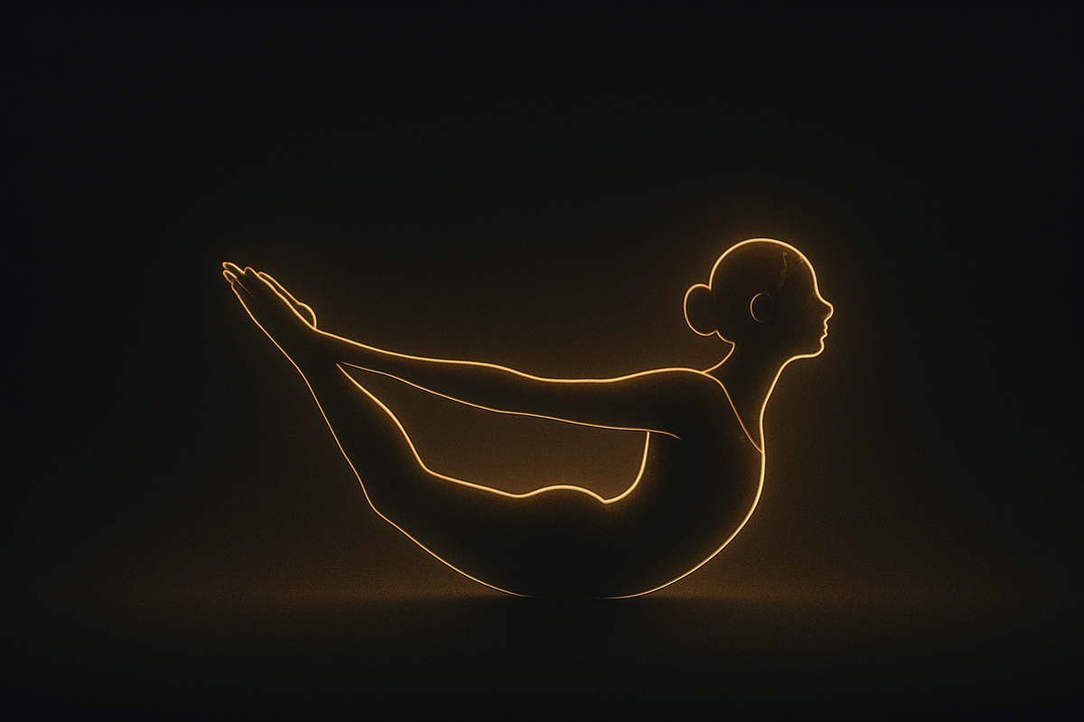 A golden-lit silhouette performing Naukasana (Boat Pose) — lying on the stomach with chest, arms and legs lifted, body curved like a boat