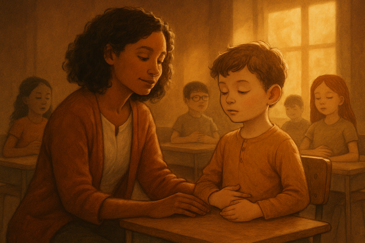 Teacher leading a mindfulness moment at the start of a classroom lesson