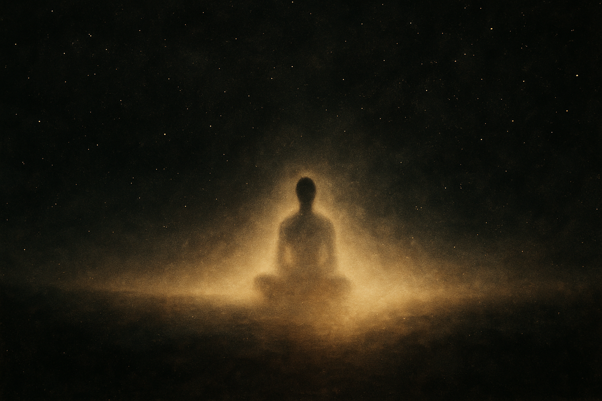 A meditating figure whose boundaries dissolve into infinite space, representing the dissolution of self in nondual awareness