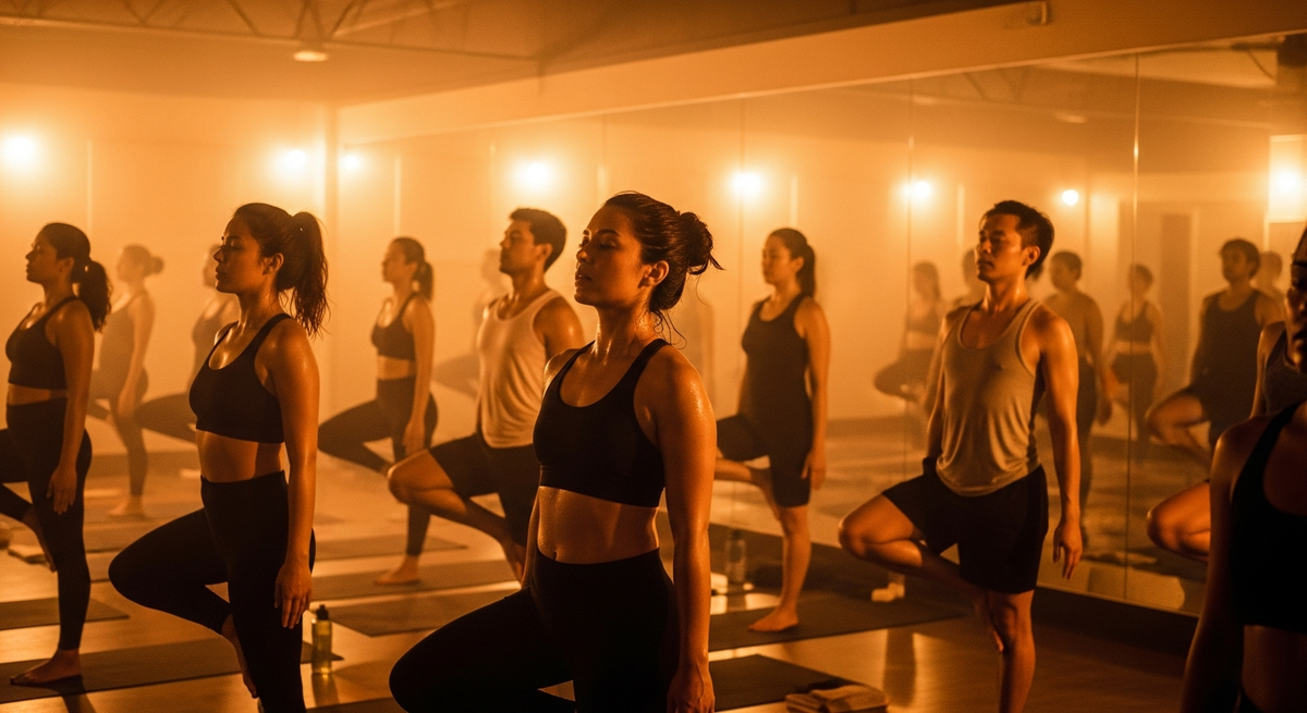 Hot yoga class in a heated room