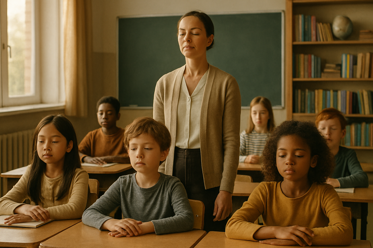 A school classroom with children sitting quietly in a mindfulness circle